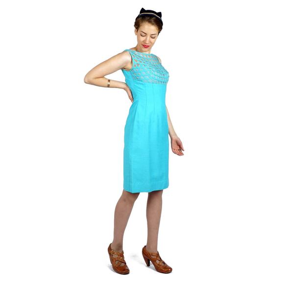 Vintage 1960s Aqua Blue Wiggle Dress Lattice Illusion Bodice Lilli Diamond | S - Picture 4 of 6